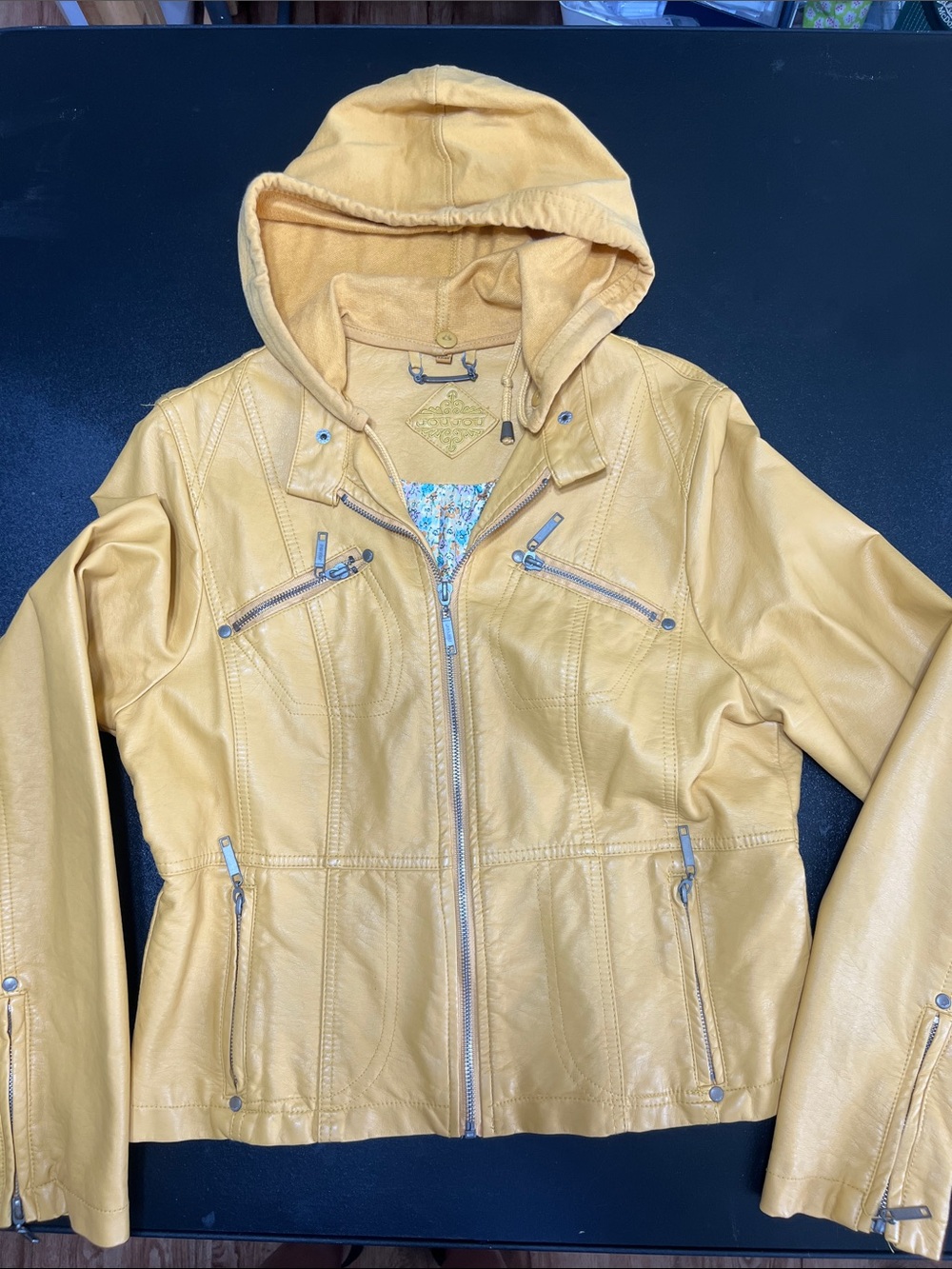 Jou Jou Yellow Hooded Leather Jacket